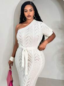Slaydiva 1pc White Textured Knit One-Shoulder Bodycon Long Dress - White - View 4