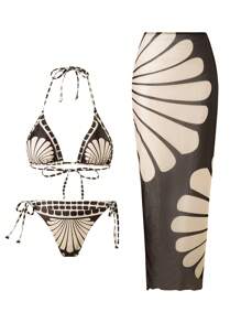 Swim Oasis 3pcs Women Summer Patterned Spaghetti Strap Maxi Dress Beach Vacation Premium Swimsuit Set - Multicolor - View 6