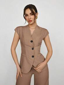 Aloruh Bộ quần áo vest và vest đơn hàng khuy đơn màu tối giản dành cho nữ, trang phục đi làm văn phòng, trang phục công sở mùa hè dành cho nữ, trang phục công sở chuyên nghiệp dành cho nữ vào mùa thu/đông - màu nâu - Xem 1