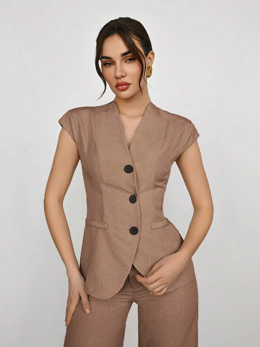 Aloruh Bộ quần áo vest và vest đơn hàng khuy đơn màu tối giản dành cho nữ, trang phục đi làm văn phòng, trang phục công sở mùa hè dành cho nữ, trang phục công sở chuyên nghiệp dành cho nữ vào mùa thu/đông - màu nâu - Xem 1