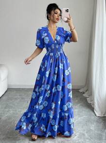 Elenzga Women Floral Print Deep Shirred Short Sleeve Super Long Dress - Dusty Blue - View 6