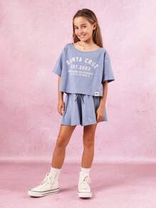 SUMWON Bộ đồ Santa Cruz cho kỳ nghỉ hè, áo crop top, chân váy tròn, phối đồ hai mảnh, trang phục thường ngày năng động, bộ đồ đi biển cuối tuần - Màu xanh lam - Xem 2