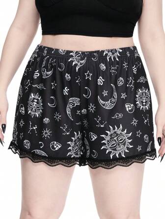 Goth Plus Size Full Print Moon & Star Pattern Pajama Bottom