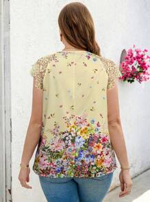 Reflora 加大码夏季花卉印花蕾丝拼布衬衫，奶油黄色 - 黃色 - 查看 2