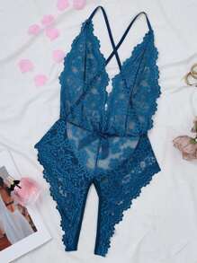女士性感蕾丝蝴蝶结吊带连体裤 - 水鴨藍 - 查看 5