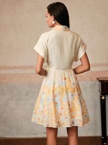 Anewsta Vestido camisero elegante de flores con cuello, cintura ajustada y tela ligera para resort, atuendos de primavera para ropa de verano para mujer - Albaricoque - Ver 2