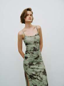 Lumivelle Vestido ceñido sin mangas con estampado de teñido anudado y decoración plisada para mujer