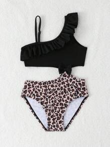 SHEIN Traje de baño de una pieza con volantes y recortes con estampado de leopardo para niña