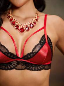 SHEIN Bra Lingerie Tanpa Jahitan Tanpa Kawat dengan Renda Kontras untuk Wanita - Hitam - View 6