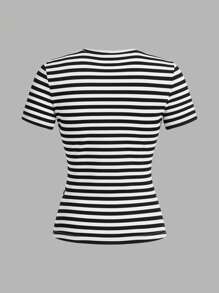 SHEIN EZwear 女式仿水钻字母蝴蝶结印花条纹休闲修身短袖 T 恤三件套，适合夏季、海滩度假 - 彩色 - 查看 10