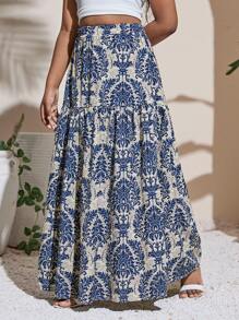 SHEIN Tween Girl Elastic Waist Loose Bohemian Vacation Printed Skirt, Summer
