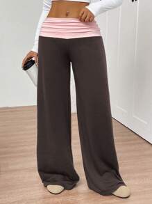 INAWLY Plus Size Contrast Color Elastic Waist Casual Straight Leg Pants
