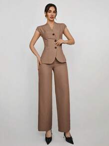 Aloruh Bộ quần áo vest và vest đơn hàng khuy đơn màu tối giản dành cho nữ, trang phục đi làm văn phòng, trang phục công sở mùa hè dành cho nữ, trang phục công sở chuyên nghiệp dành cho nữ vào mùa thu/đông - màu nâu - Xem 3