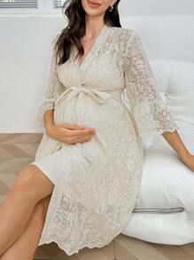 SHEIN Set da 2 pezzi di vestaglia da donna con maniche a campana pesantemente ricamate e camicia da notte con vita stringata e cerniera a metà, pigiami premaman