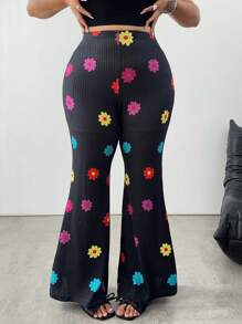 Flirla 大码花卉印花休闲高腰喇叭裤