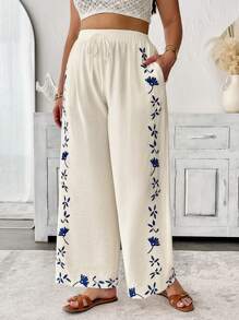 Breezaya Plus Size Women's Elegant Casual Boho Beachwear Pants,Beige Autumn Holiday Vacation Embroidered Waistband,Elastic Waist,Side Pockets Fall Cloth - White - View 4