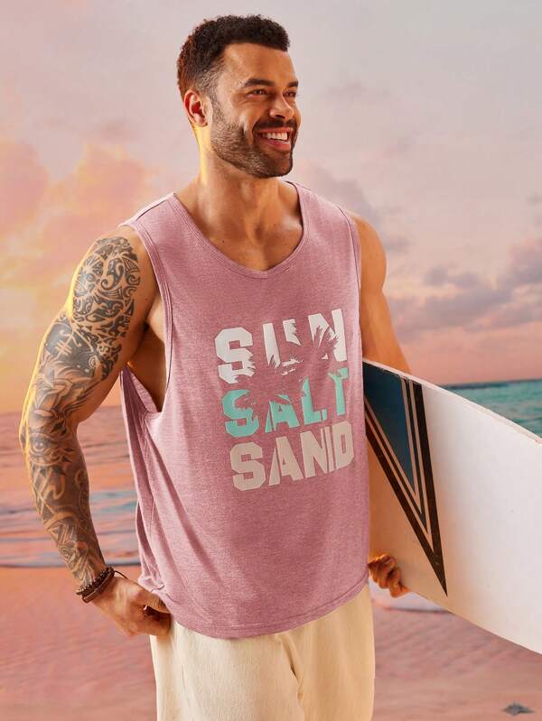 EASEVO Camiseta de tirantes de punto con cuello redondo y estampado de letras holgada, adecuada para verano, tallas grandes para hombre