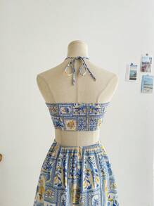 Soleia Abito da donna con stampa a toppework tropicale sudamericano con uccelli e foglie di ananas, con scollo a tubino, schiena scoperta e fiocco in vita, adatto per le vacanze