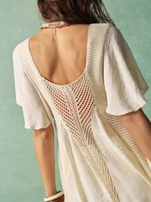 Bohemela 休闲度假钩针拼接优雅雪纺大方领荷叶边袖口不对称连衣裙 - 杏色 - 查看 3