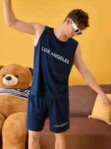 Notgurli Men's Letter Print Tank Top And Shorts Sleepwear Set - Navy Blue - View 3