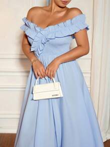 Cravure Plus Size Women Fashion Elegant Off Shoulder Ruffle Trim Midi Dress, Casual Romantic Retro Minimalist For Holiday, Valentine's Day, Evening Gown, Party, Graduation - Blue - View 5