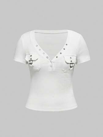 Grunge Punk Vintage Washed Distressed Crew Neck Tee With Chest Pockets, Black & Grey, Short Sleeve, Women