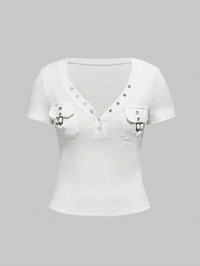 Grunge Punk Vintage Washed Distressed Crew Neck Tee With Chest Pockets, Black & Grey, Short Sleeve, Women