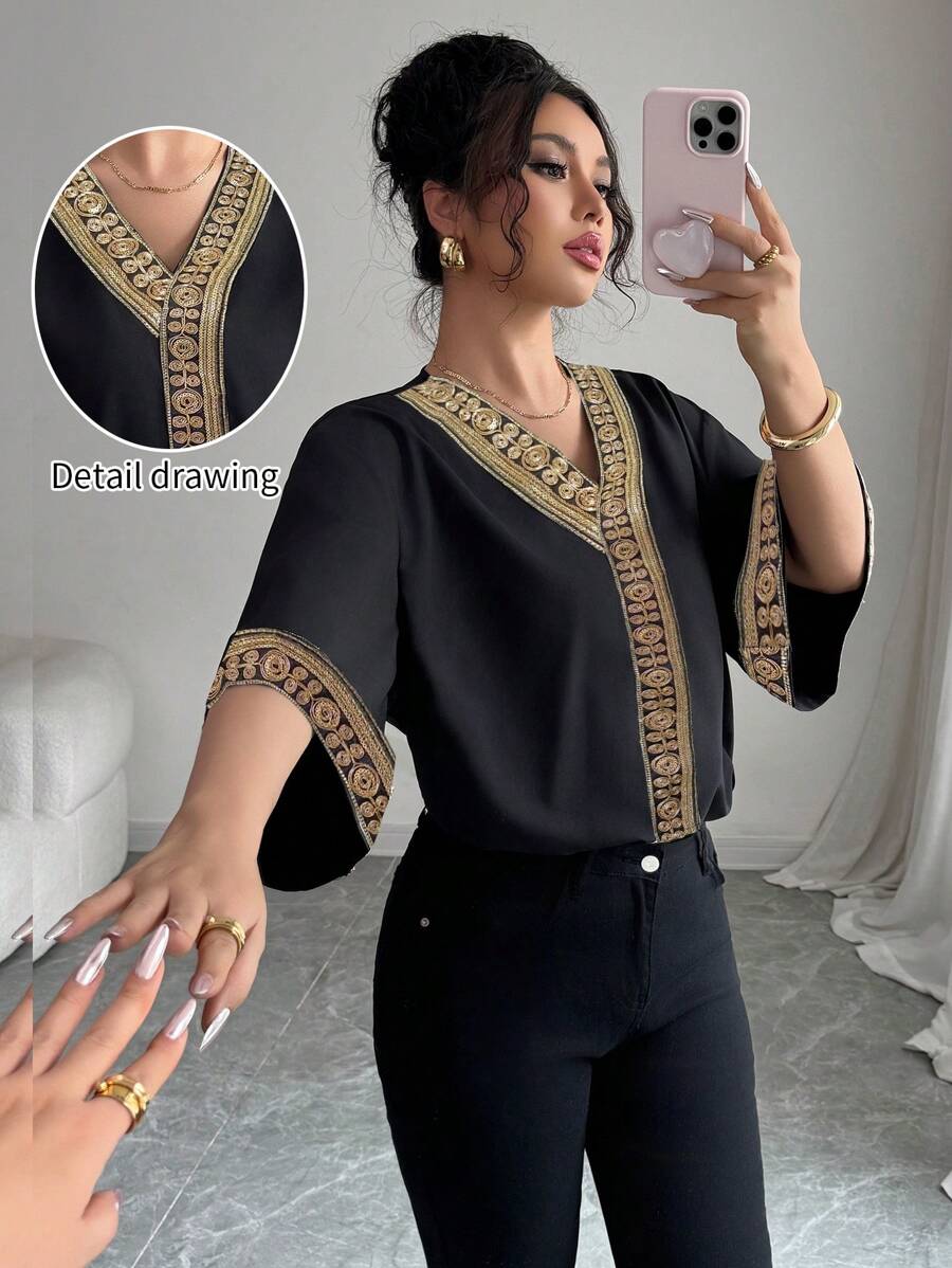 Chiquease Women's Elegant Batwing Sleeve Blouse, Loose Design, Golden Decorative Ribbon, Middle Eastern Style Latest Spring/Summer Fashion - Black - View 1