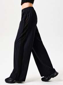 Fluxe Movishi 4-Way Stretch Women's Casual Solid Color Woven Pants With Mesh Panel, Loose Fit Low Waist Wide Leg