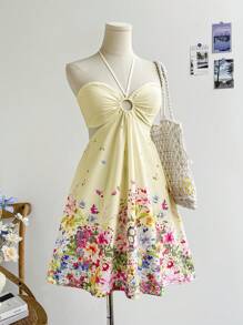 Soleia Romantic Butterfly Floral Print Drawstring Neck Hollow Out Waist Casual Holiday Dress For Women, Suitable For Date, Anniversary, Valentine's Day, Afternoon Tea,Bohemian Clothes Vacation Dress - Yellow - View 8