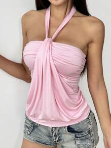 SHEIN EZwear Casual Solid Color Gathered Strap Camisole Top, Summer Off The Shoulder Top - Baby Pink - View 3
