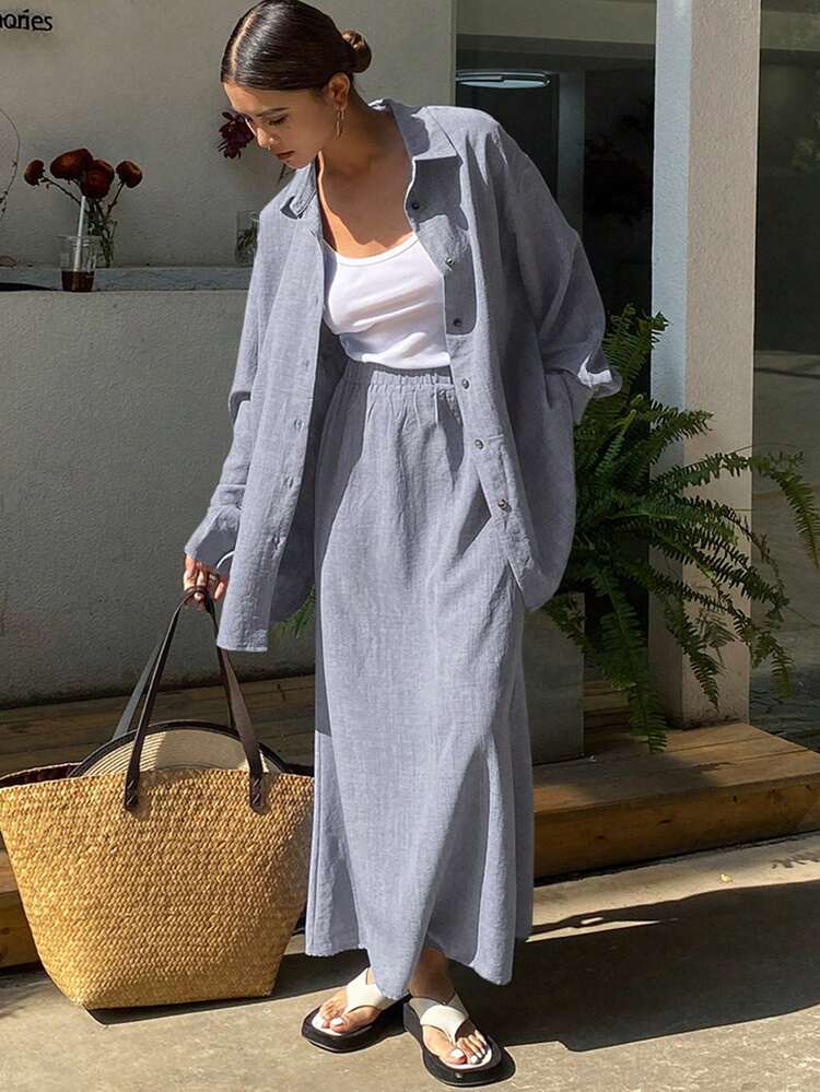 Western Style Beach Vacation Solid Color Casual Loose 2-Piece Set For Women, Spring Lounge Sets For Women