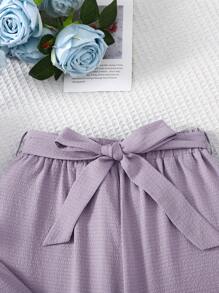 SHEIN Leap Crew Tween Girls Chiffon Ruffled V-Neck Blouse With Bowknot & Wide Leg Pants 2Pcs Casual Set, Countryside Style For Spring Outing, Garden Afternoon Tea - Mauve Purple - View 9