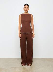 AiiRZ Denim Round Neck Cinched Waist Back Tie Regular Hem Casual Summer Top - Coffee Brown - View 4