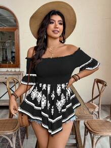 SHEIN Clasi 大码休闲度假印花露肩收腰不对称下摆衬衫