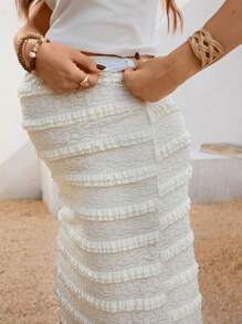 SHEIN Solid Color Adjustable Fitted Maternity Knee-Length Cake Hem Skirt   Maternity Skirts - Apricot - View 7