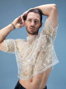 FeverCity Men's Loose Fit Round Neck Embroidered Mesh Short Sleeve T-Shirt - Apricot - View 3