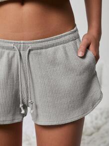 WESTFADE Cute Mid Rise Tie Front Textured Knit Lounge Shorts - Grey - View 3