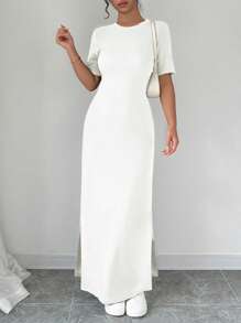 Selianne 女士V领开衩纯色短袖长裙女装 - 米色 - 查看 5