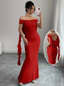 Women's Elegant Off Shoulder Ruffle Hem Mermaid Hem Dress, Summer - Red - View 3