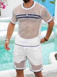 Manfinity RSRT Men's Color Block Trim Hollow Out T-Shirt + Drawstring Shorts Set, Casual Holiday Outfit - White - View 5