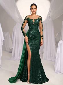 Glamrae Elegant Luxurious Embroidered Sequin Lace Satin Ruched Slit Fishtail Maxi Dress With Train,Formal Gown For Wedding Guest,Parties,Galas,Valentine's Day - Dark Green - View 6