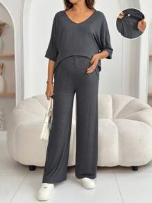 SHEIN Maternity Two Pieces Suits,Maternity Set,Maternity Clothes - Dark Grey - View 1