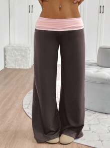 INAWLY Plus Size Contrast Color Elastic Waist Casual Straight Leg Pants