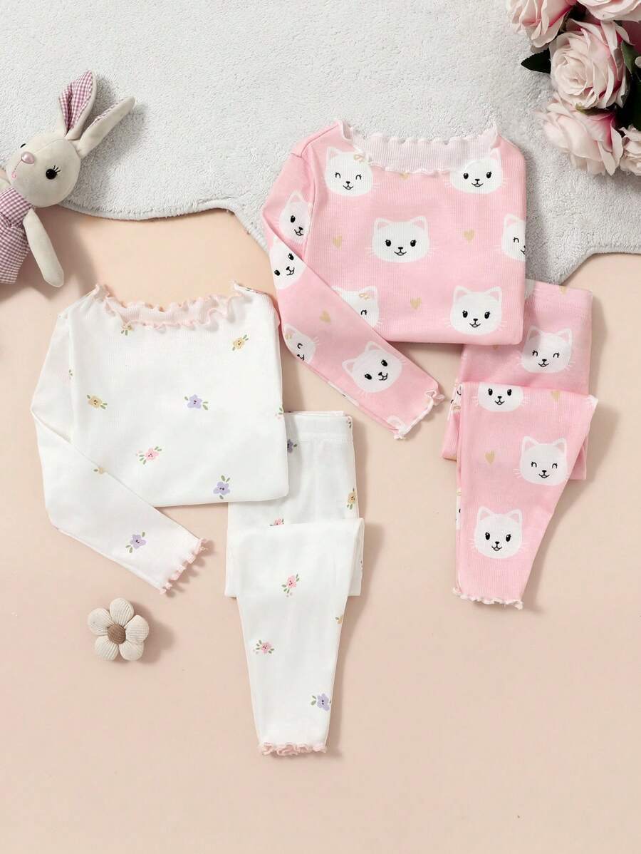 SHEIN 4pcs/Set Baby Girl Cute Cat Print Ruffle Trim Crew Neck Long Sleeve Top And Long Pants Soft And Comfy Pajamas Set