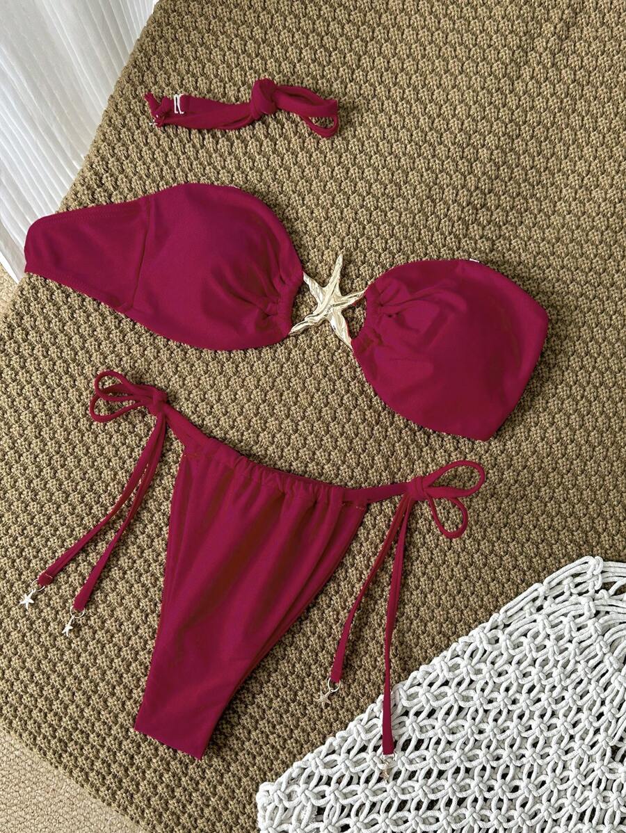 SHEIN Swim 女士纯色细肩带金属海星装饰性感比基尼套装，夏季 - 紅色 - 查看 1