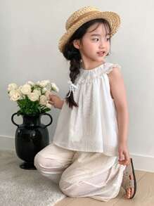 DAZY 2件套女童休闲露背上衣和长裤套装，春夏度假装 - 米色 - 查看 3