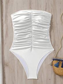 Swim Chiccia Traje de baño de una pieza con cuello en V y volantes de unicolor, conjunto de playa de verano para mujer