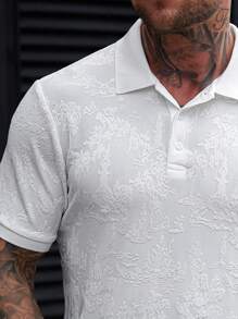 Manfinity Homme Camisa polo de manga corta casual para vacaciones con cuello y puños de tejido de punto texturizado, tela con estampado de paisaje jacquard