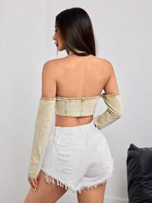 SHEIN PETITE Áo corset denim cổ yếm tay dài co giãn Y2k màu vàng cho nữ - Màu Khaki - Xem 2